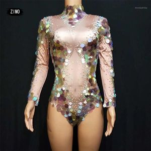 Big Sequin Bodysuit Long Sleeve Women Sexy Legging Crystal Club Party Costume Stage Performance Rhinestone Stretch Rompers Women s Jumpsuits