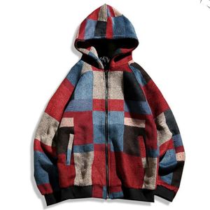 Men's Jackets Men's Plaid Jacket Korean Wool Coat Warm Hooded Casual Zip Cardigan Plus SizeMen's