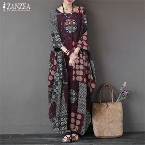 Bedrucktes Maxikleid Damen Sommerkleid ZANZEA Plus Size Leinenkleid Sommer Langarm Lange Tunika Vestiso Casual Party Robe T200416