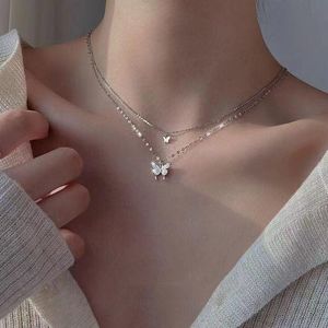 Hänge halsband fjäril för kvinnor romantik dubbel lager glänsande klavikelkedja halsband party smycken fru utsökta gåvor