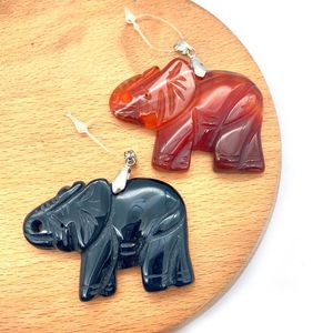 Pendant Necklaces 2pcs/pack Natural Semi-precious Stone Agate Elephant-shaped Pendants Black Red DIY For Making Necklace Accessions 34x51mm