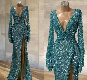 Blue Glitter paljetter sjöjungfrun prom klänningar långa ärmar sexiga djupa v hals front slits fest natt vestidos de novia afrikanska kvinnor formella kvällsklänningar plus storlek