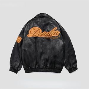 American Y2K Vintage Streetwear Letter Brodery Lapel Pu Leather Jacket Women Street Pilot Loose Jackets For Women Winter 220803