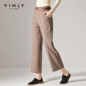 Vimly Autumn Winter Women Wide perna Pant elegante Office Lady Lady Cantura Alta Cinturão Loue Casual Feminino Grosso Longo Pant 98893 201012