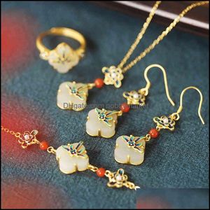 Cluster Rings Jewelry Yuexin S925 Sier Cloisonne Hetian Jade Chinese Style Four Leaf Clover Flower Earrings Ring Pendant Bracelet Set Drop D