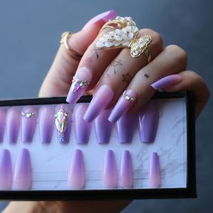 Middle length Coffin Lovely Ombre Violet Acrylic nails crystal Art False nalis Tips Press on nails Cute Custom private label box 220725
