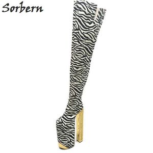 Sorbern Zebra Thigh High Boots Women Platform Exaggerated Sexy Fetish Shoes Ladies Rivet Chunky Heeled Crotch High Boots