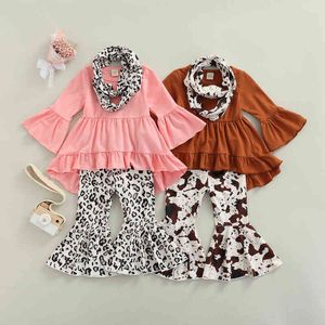 Citgeett Autumn Kid Girl Suit Long Ruffle Sleeve One-Breated Tops Wide Dye Impresso Casual Pants Casual Felso de Coloque Homem J220711