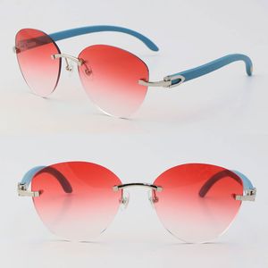 Neue Designer-Sonnenbrille aus blauem Holz und Metall ohne Rand für Damen, Design mit Schmetterlingslinse, übergroß, groß, rund, luxuriös, aus Holz, Katzenaugen-Sonnenbrille, Herrenrahmen, Größe: 60–18–140 mm