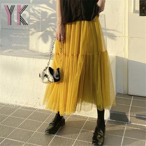 Skirts Yellow Tutu Stitching Two Layer Mesh Cake Midi Solid Color Harajuku Tulle Ball Gown Skirt Korean Gothic Summer Women SaiaSkirts