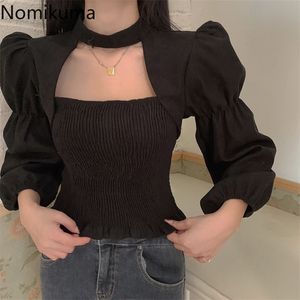 Nomikuma koreańska stretch szczupła krótka bluzka seksowna kantar puff długiego rękawu Blusas Femme Autumn Winter Shirt 6d473 210308