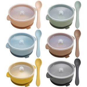 وعاء سيليكون عالي الجودة سيليكون مصاصة مع غطاء BPA Free Plate Plate Plate Plate Set Silicone Spoon for Kids LJ201221