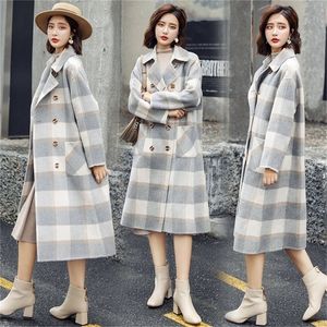 Sweet Plaid Long Coat for Women Wide-waisted Wool Coat and Jacket Turn-down Collar Pockets Women Clothes 201215