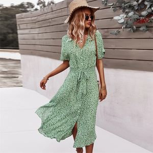 Summer Floral Dress Women Casual Bandage SingleBreasted Midi Dress Shirt Kvinnlig kort ärm Boho Beach Holiday sundress 220601