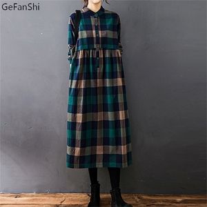 Jesień Zima Kobiety Sukienka Vintage Plaid Casual Luźna Moda Bawełniana Pościel Z Długim Rękawem Eleganckie Damskie Dresses Odzież 220317