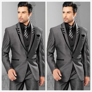 Abiti da uomo Slim Fit Risvolto con visiera Grigio Smoking da sposo Abiti da sposa da uomo Groomsmen Abiti One Button Mens JacketPantsVest 201106