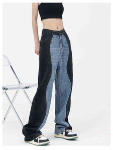 Splicing Contrast Color Jeans fino Summer Summer Street reto Cantura alta cortina solta Ponta de jeans de perna larga calça feminina L220726