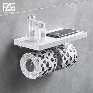 FLG Wall Mounted Toilet Paper Holder Stainless Steel Double Hooks Single Hook Rolls Stand Wall Holder Bathroom White ABS Shelf T200425