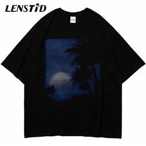 LENSTID Summer Men Short Sleeve Tshirts Hip Hop Night Tree Moon Print TShirt Streetwear Harajuku Casual Cotton Tops Tees 220610