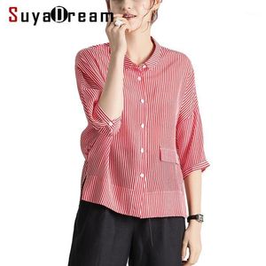 Women's Blouses & Shirts Women Stripe Blouse 100%Real Silk Crepe Printed Half Sleeved Shirt For 2022 Striped Red Top