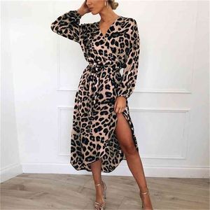 Leopardklänning Kvinnor Chiffon Long Beach Dress Loose Long Sleeve Deep V-Neck A-Line Sexig festklänning Vestidos de Fiesta 210706