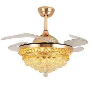 Deckenventilator-Kronleuchter, moderne Kristall-Deckenventilatoren mit Fernbedienung, einziehbare Flügel, austauschbares Licht, Gold, 110 V, 220 V, 42 Zoll