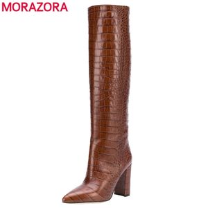 Morazora Plus Size 3443 New Brand Women Boots Thick High Heels Knee High Boots Poinded Toe Ladies Shoes Western Boots Femaly 201110