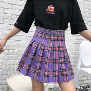 S 2xl新しい学校のスカートHARAJUKU PURPLE PLAIDハイウエストスカート女性かわいいミニ女性スカートプレッピースタイルサマースカートT200324