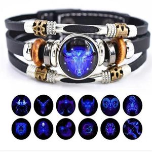 Luminous 12 Zodiac Signs Constellation Charm 팔찌 빈티지 수공예층 직조 스냅 버튼 가죽 팔찌 GC1206