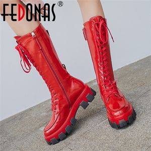 Fedonas Punk Women Geneine Leather Knee High Boots Female Potorcycle Boots Night Club Shoes Platfor