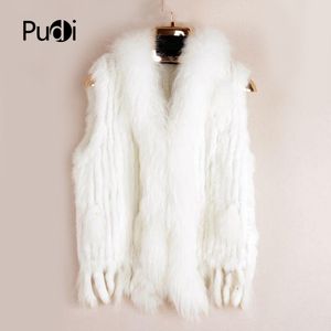 VR001 Womens Natural Real Rabbit pälsväst med tvättbjörn päls krage midja i midja