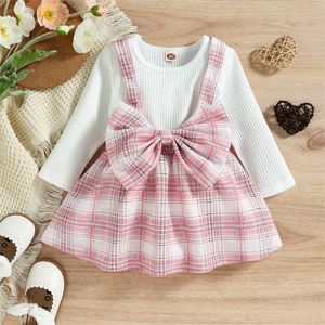 2pcs Baby Girls Clothing Sets Plaid Bowknot Splicing White Long-sleeve Pink checkered Kids Romper Bow Dress Set 1063 E3