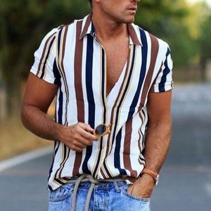 여름 버튼 다운 슬림 핏 남자 줄무늬 셔츠 한국 짧은 슬리브 셔츠 캐주얼 패션 남성 디자이너 옷 Chemise 220708