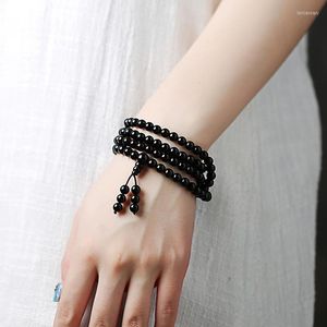 Beaded Strands 6/8mm Obsidian Bracelets Tibetan Buddhist Buddha Meditation 108 Prayer Beads Mala Bracelet Drop Lars22