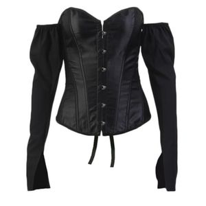 Satin Off Shoulder Sexy Corset Toppar med långa ärmar Outwear Lacing Bustier Toppar Mode Victorian Streetwear Midnight Party Clubwear Plus Storlek XXS-6XL