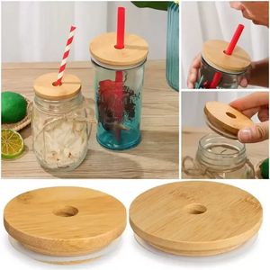 Bamboo Cap Lid Reusable Mason Jar Lids 70mm 86mm with Straw Hole and Silicone Seal Drinkware for Canning Drinking Jars Top Bottle Cover F0419