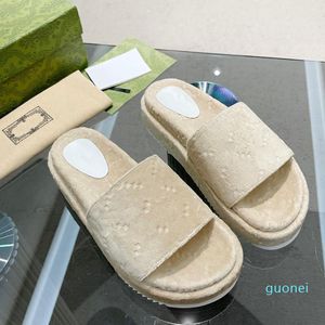 Designer Slides Women Slippers Platform Sandals Fabric Rubber Fur Cotton Outsole Grass Black Green Thick Bottom Slipper Wedge Fluffy 2022