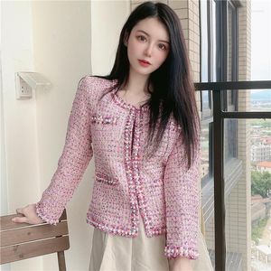 Kvinnorjackor Korea 2022 Fashion Fall Winter Womens Full Sleeve Pearls Tassel Kort jacka Färgglad tweed elegant ytterkläderrock
