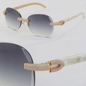 Новый Micro-Pased Diamond Diamond Set Rimless металл C Украшения Солнцезащитные очки Белые Подлинные Натуральные Солнцезащитные Очки Высококачественная Резная объектив Рамка Мужской и Женский 3,0 Толщина объектив