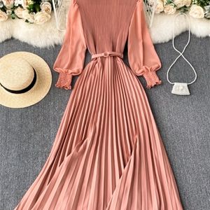 Women Elegant Maxi Dress Spring Summer Patchwork Puff Long Sleeve Pleated Muslim es Ladies Party 220402