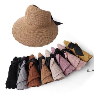 Foldable Shading Cap Women's Summer Hollow Breathable Wide Brim Hat Bow Straw Caps Party Hats by sea GCB14963