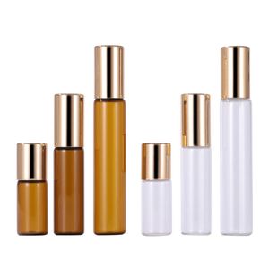 1ml 2ml 3ml 5ml 10ml Empty Packing Glass Transparetn Brown Bottle Essrntial Oil Vials Steel Beads Gold Lid Portable Refillable Cosmetic Packaging Container