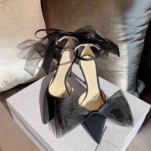 Tulle Bow Heels Designer Stiletto Tacchi alti Donna Pompe Rosa Raso Scarpe da sposa Sposa Ladies Party Prom Shoes Chaussure Femme G220516