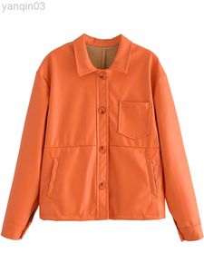 سترات جلدية باللون البرتقالي 2022 ربيع الخريف معاطف أزياء واحدة الصدر jaqueta feminina l220801