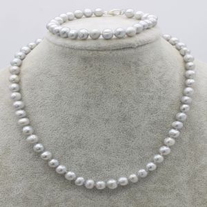 Hand knotted 7-8mm gray freshwater pearl necklace 45cm bracelet 20cm set for women fashion jewelry