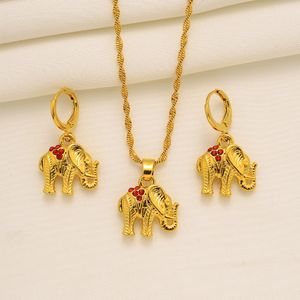 Simulierter Diamant-Rubin-Elefant-OHRRINGE-Anhänger-Halsketten-SET, 14 Karat feines, massives Gelbgold mit CZ