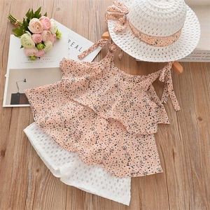 Girls Clothing Sets Summer Kids Set Floral Chiffon Halter + Embroidered White Shorts Straw Hat Set 3PC Girls Clothes 220509
