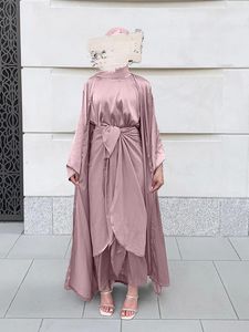 3 -częściowy jedwabisty zestaw Abaya pasujący strój Kobiet Muzułmańska moda Dubaj Saudyjska Modestia Otwarta Kimono Długie sukienka Spódnica Turcja CX220330