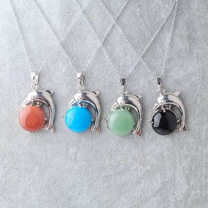 Wojiaer New The Dolphins Pendants Netlaces Natural Stone Cabochon Beads Charm Cute Animal Jewelry Be908