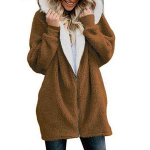 Women Coat Winter S-5XL السببية المغطاة بالغطاء المقنعين السحاب الصوف الفخمة معطف أنثى دافئة بالإضافة إلى حجم فو فرو فور رقيق سترة L220706